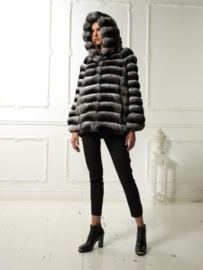 Short chinchilla fur jacket with a hood